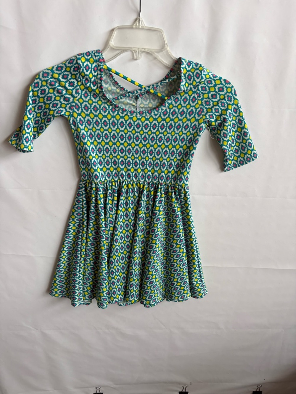 Dot Dot Smile Blue & Green Geometric Skater Dress. Size 5/6. INV25/421
